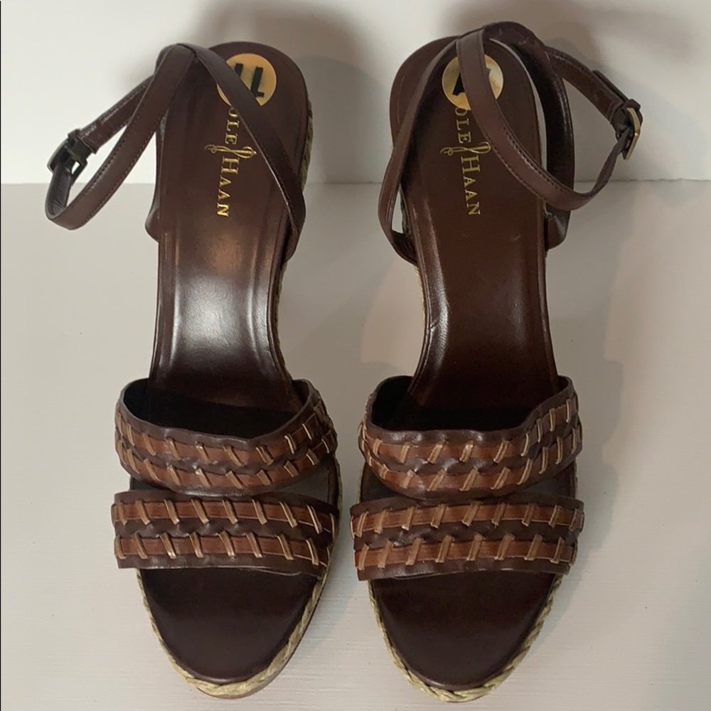 COLE HAAN Leather, Ankle Wrap Fall Heel Sandals EC - Picture 3 of 8